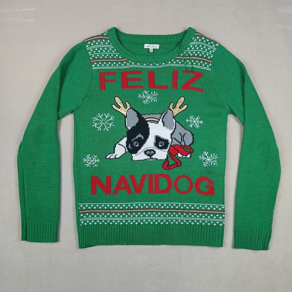 Ugly Xmas Sweater Large Womens Frenchie Feliz‎ Navidog Christmas